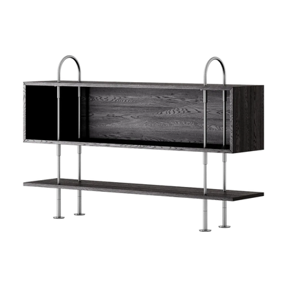 Keen Hillukerfi frá Gubi – 160 cm - 1 shelf + box / Black-brown stained ash / Satin stainless steel