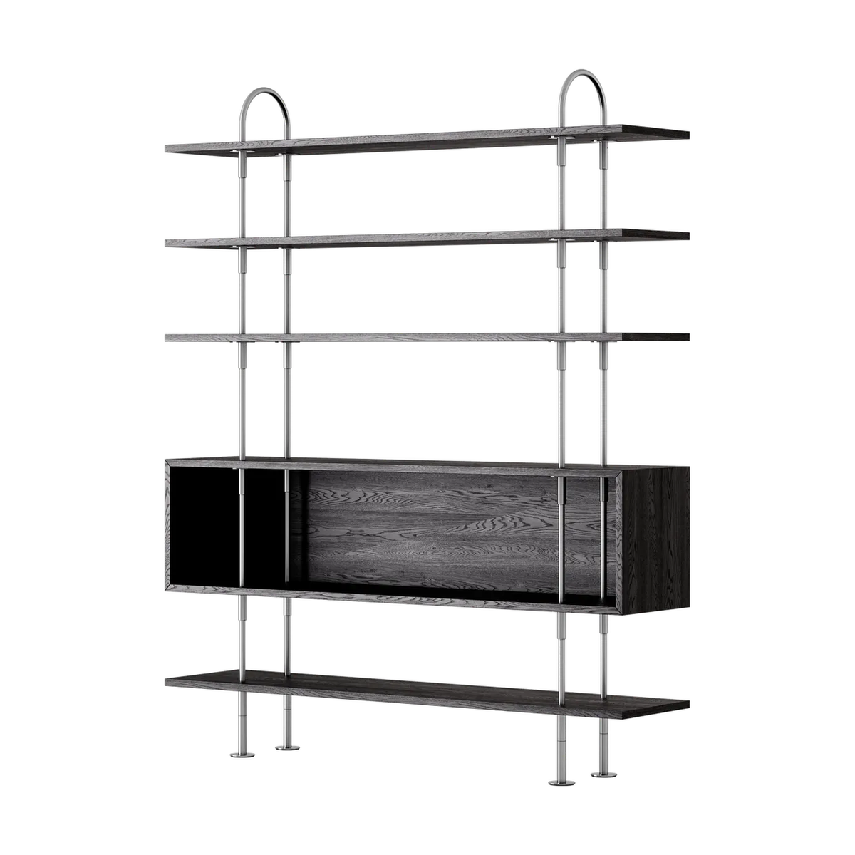 Keen Hillukerfi frá Gubi – 160 cm - 4 shelves + box / Black-brown stained ash / Satin stainless steel
