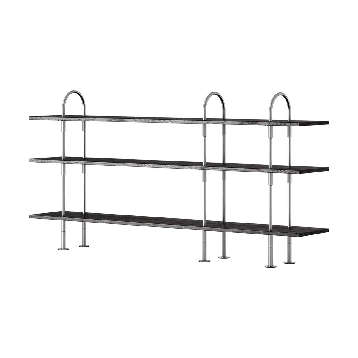 Keen Hillukerfi frá Gubi – 208 cm - 3 shelves / Black-brown stained ash / Satin stainless steel