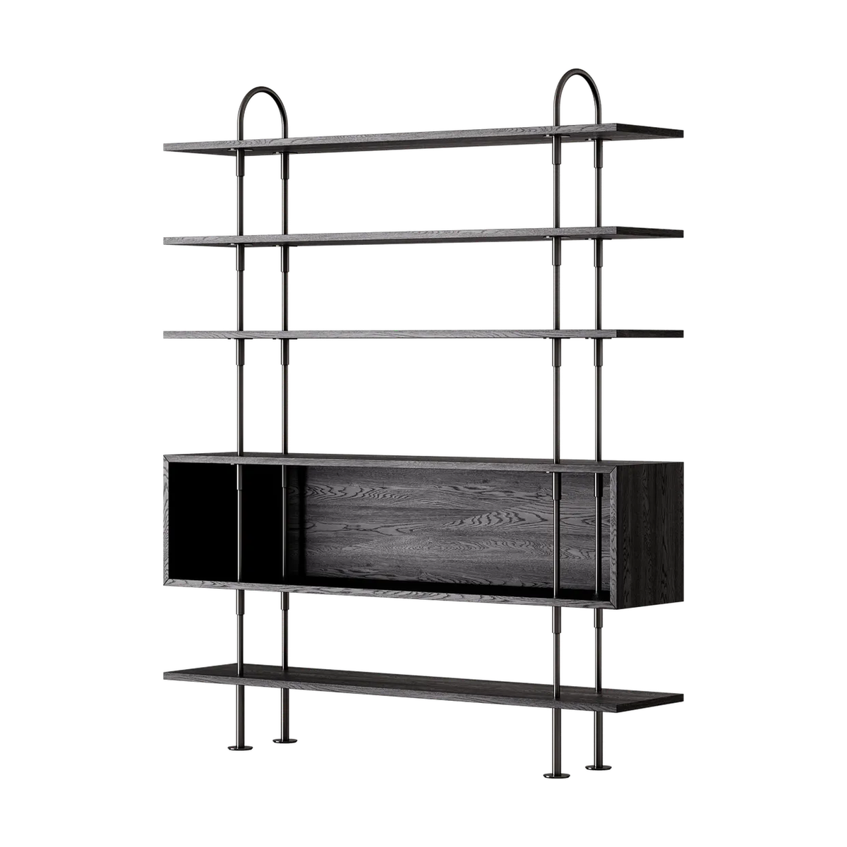 Keen Hillukerfi frá Gubi – 160 cm - 4 shelves + box / Black-brown stained ash / Black brass
