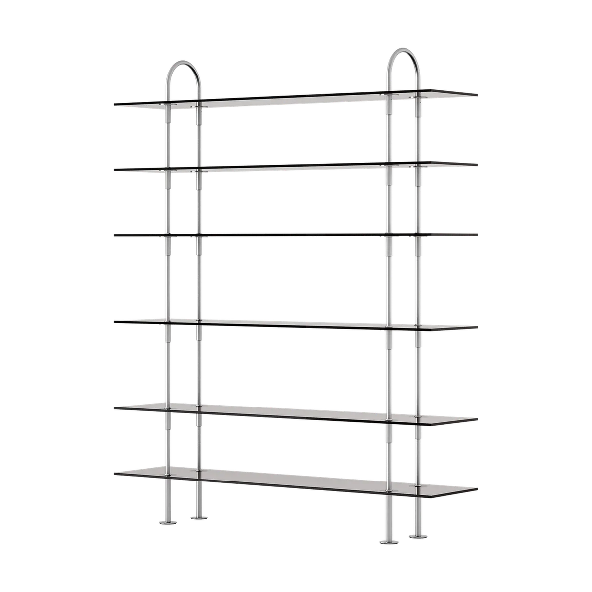 Keen Hillukerfi frá Gubi – 160 cm - 6 shelves / Smoke tempered glass / Satin stainless steel