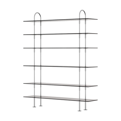 Keen Hillukerfi frá Gubi – 160 cm - 6 shelves / Smoke tempered glass / Satin stainless steel