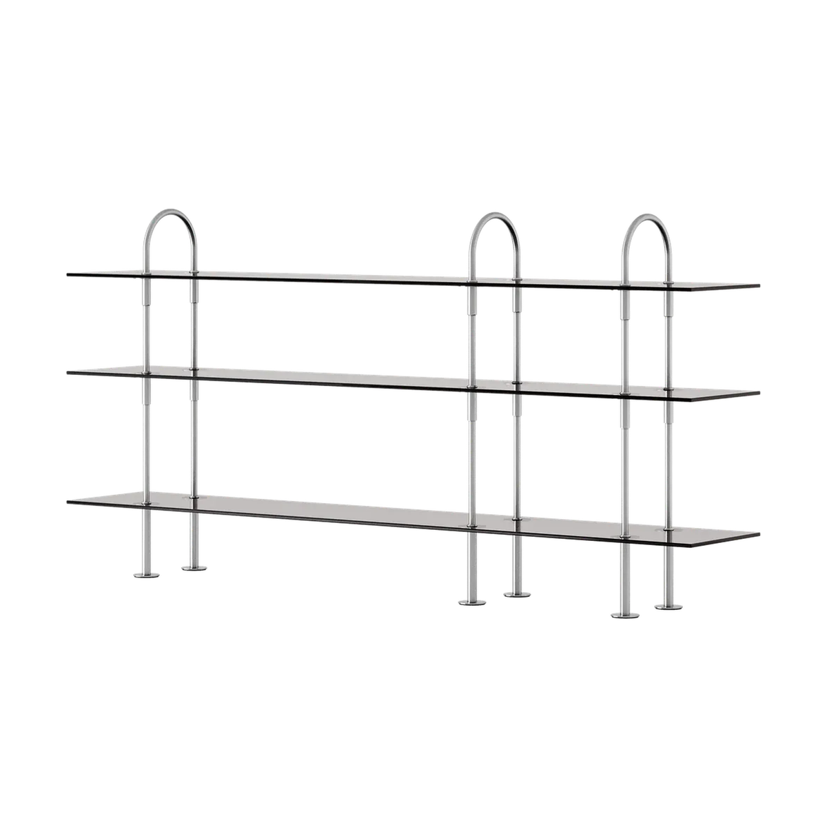 Keen Hillukerfi frá Gubi – 208 cm - 3 shelves / Smoke tempered glass / Satin stainless steel