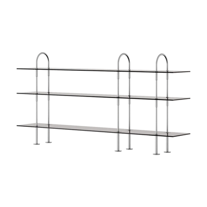 Keen Hillukerfi frá Gubi – 208 cm - 3 shelves / Smoke tempered glass / Satin stainless steel