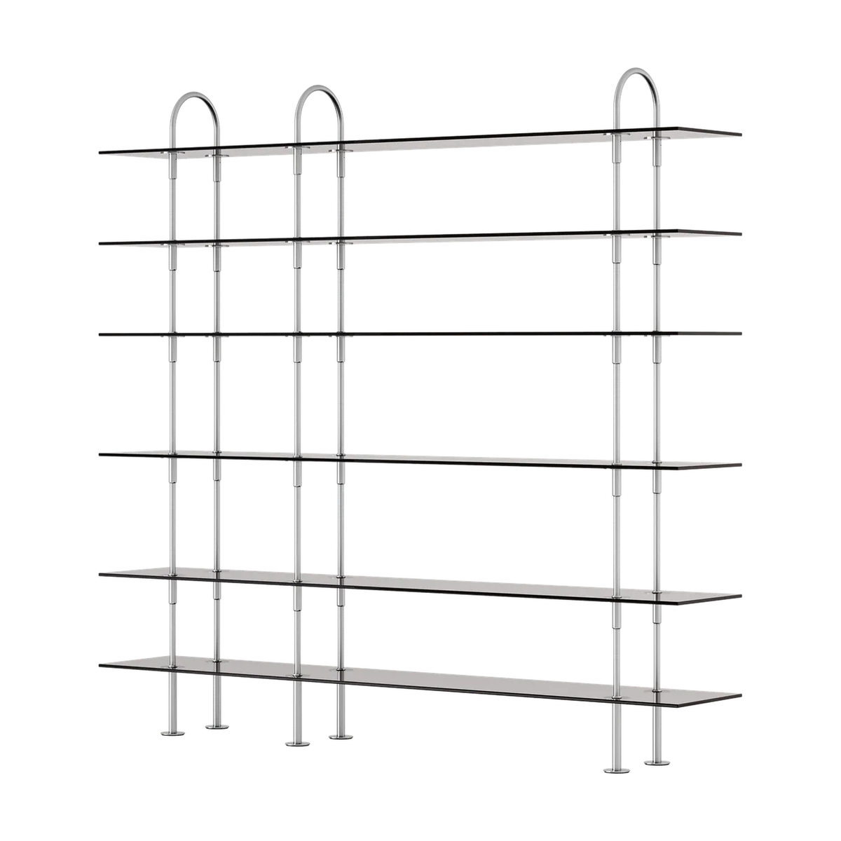 Keen Hillukerfi frá Gubi – 208 cm - 6 shelves / Smoke tempered glass / Satin stainless steel