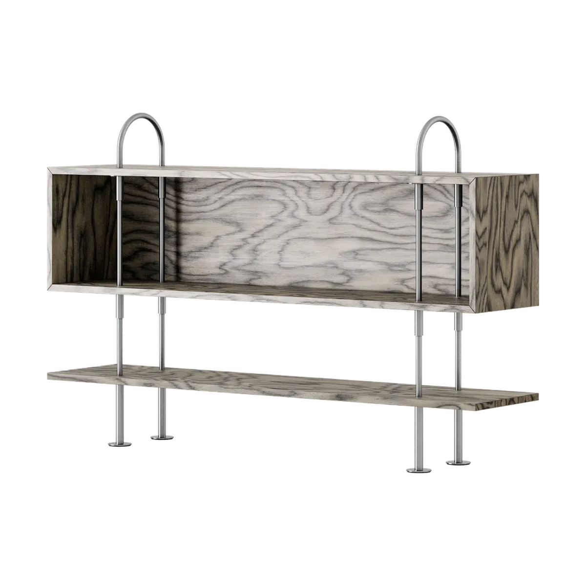 Keen Hillukerfi frá Gubi – 160 cm - 1 shelf + box / ALPI Sottsass Grey / Satin stainless steel