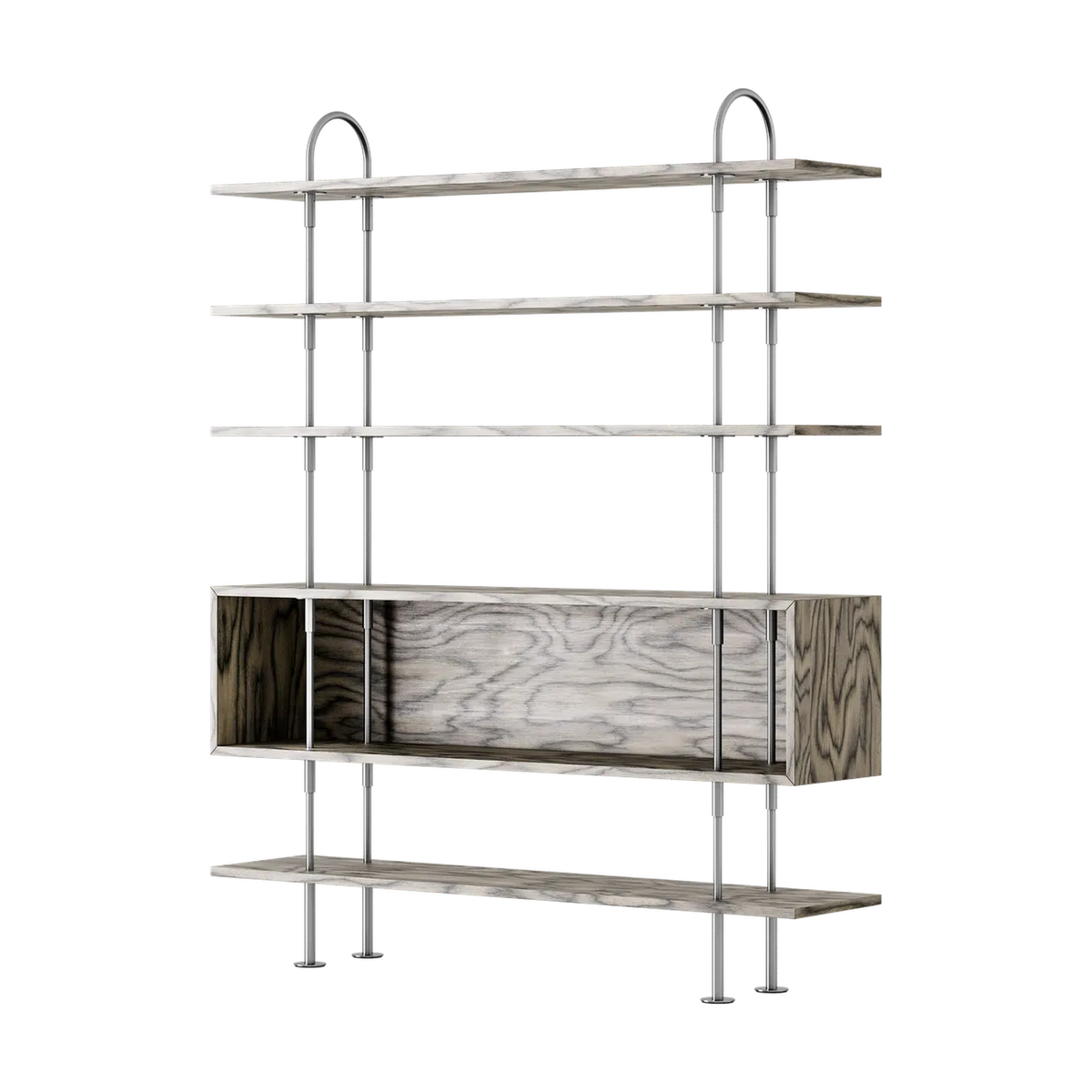 Keen Hillukerfi frá Gubi – 160 cm - 4 shelves + box / ALPI Sottsass Grey / Satin stainless steel