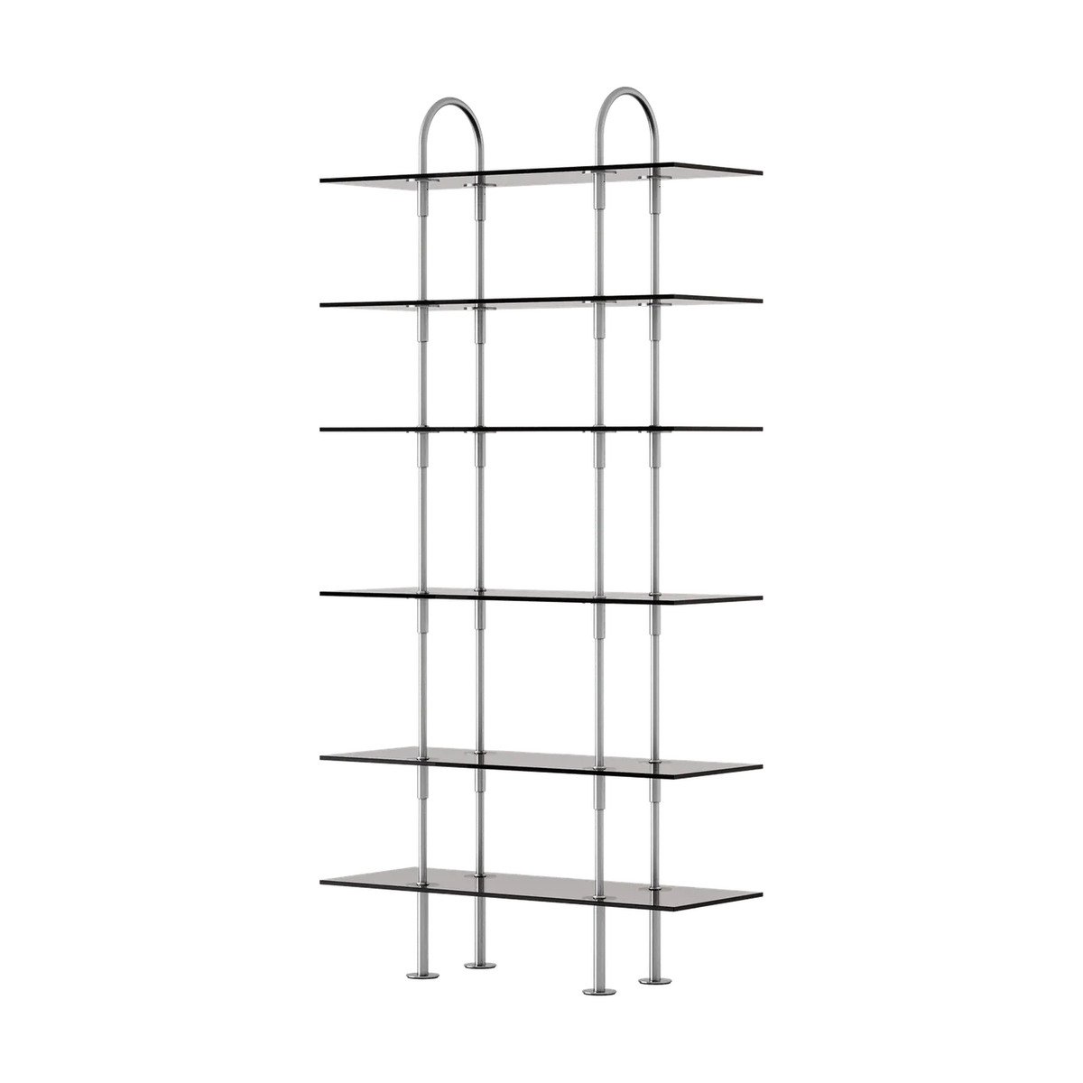Keen Hillukerfi frá Gubi – 96 cm - 6 shelves / Smoke tempered glass / Satin stainless steel