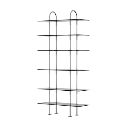 Keen Hillukerfi frá Gubi – 96 cm - 6 shelves / Smoke tempered glass / Satin stainless steel